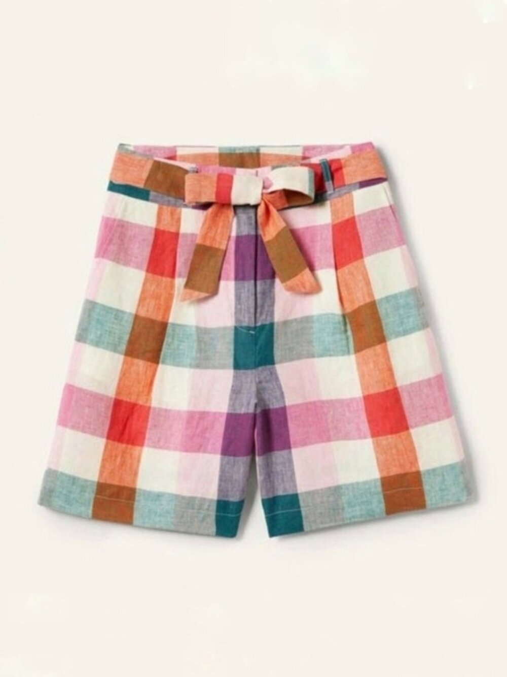 Boden Alma Check Linen High Rise Belt Tie Waist Shorts White Blue Green